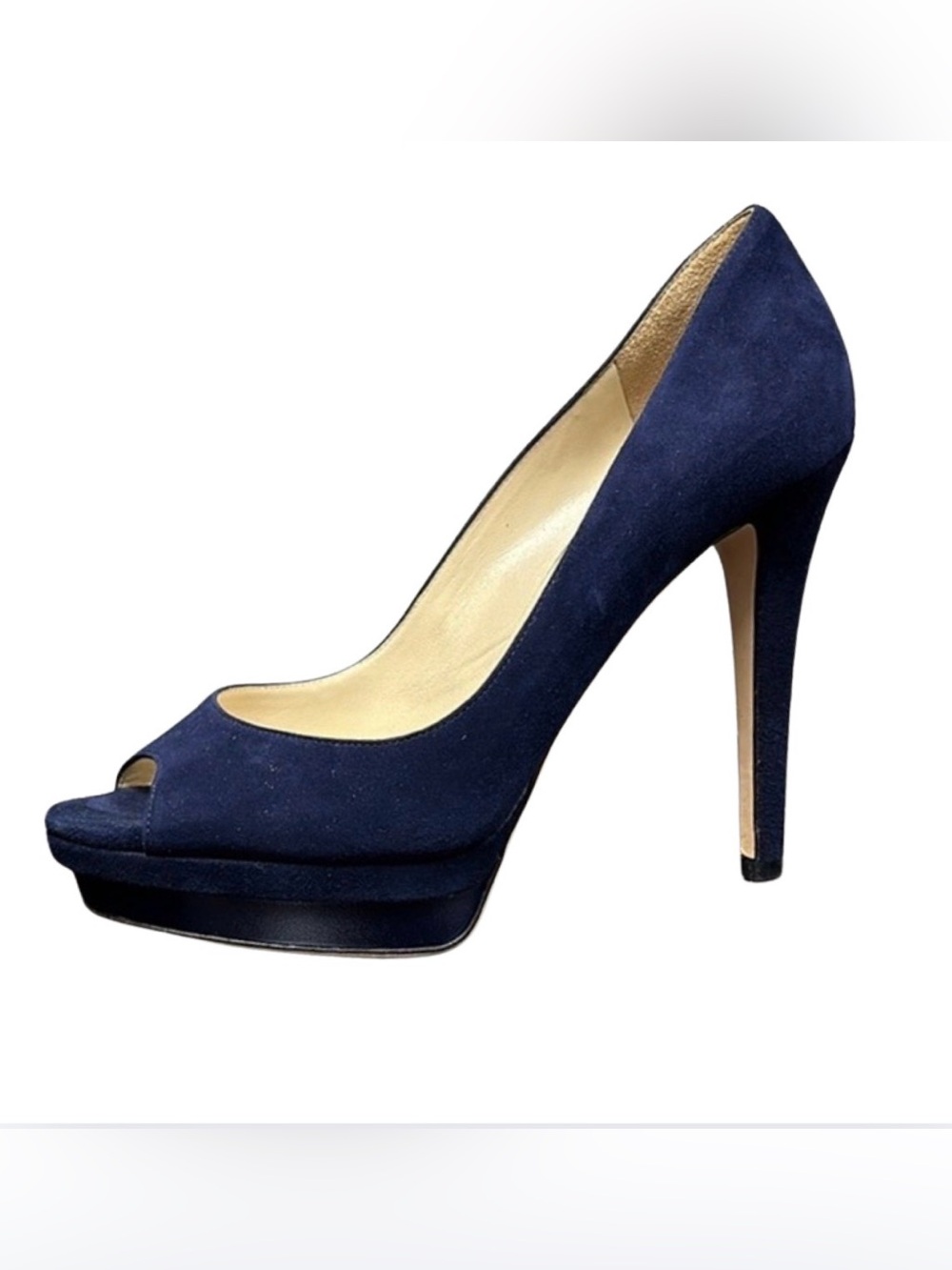 Jimmy Choo Navy Suede Peep-Toe Platform Stiletto Pumps